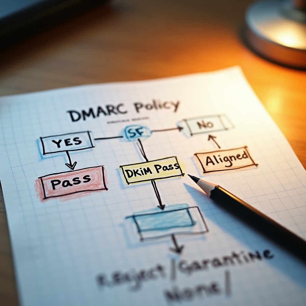 Hand-drawn flowchart on graph paper showing DMARC policy decision tree with pass and fail branches, photographed on a wooden desk with pencil resting beside it