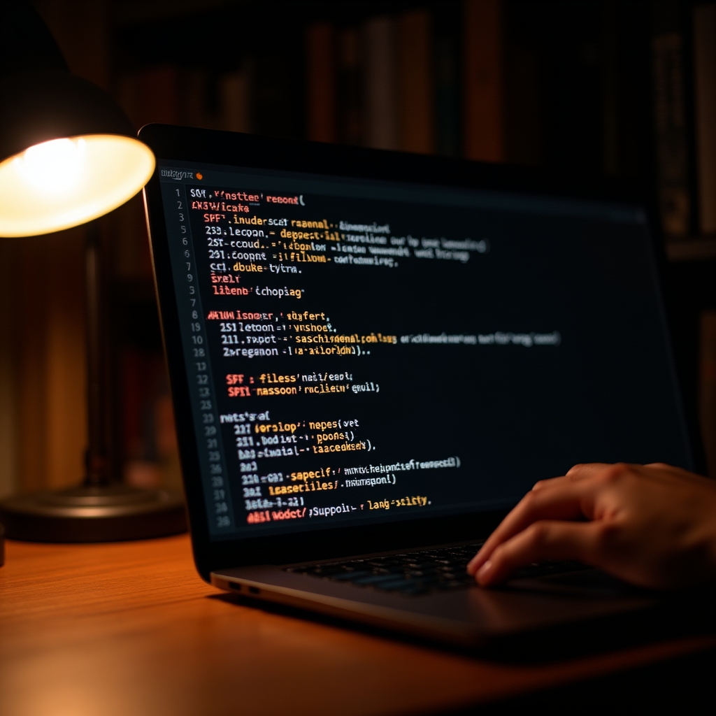 Close-up of a terminal screen showing DNS TXT record entries with authentication protocol values, warm ambient light