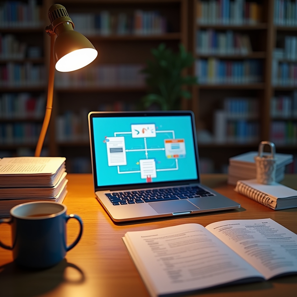 Wide shot of a modern desk with laptop displaying inbox sorting visualization, stacked reference books, and printed email header printouts, soft warm library light