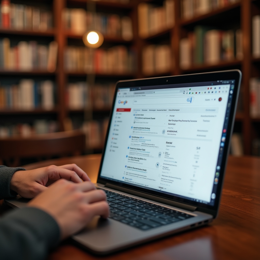 Laptop screen showing Gmail inbox with tabbed interface in focus, shallow depth of field, person's hands visible on keyboard, bookshelf background slightly blurred