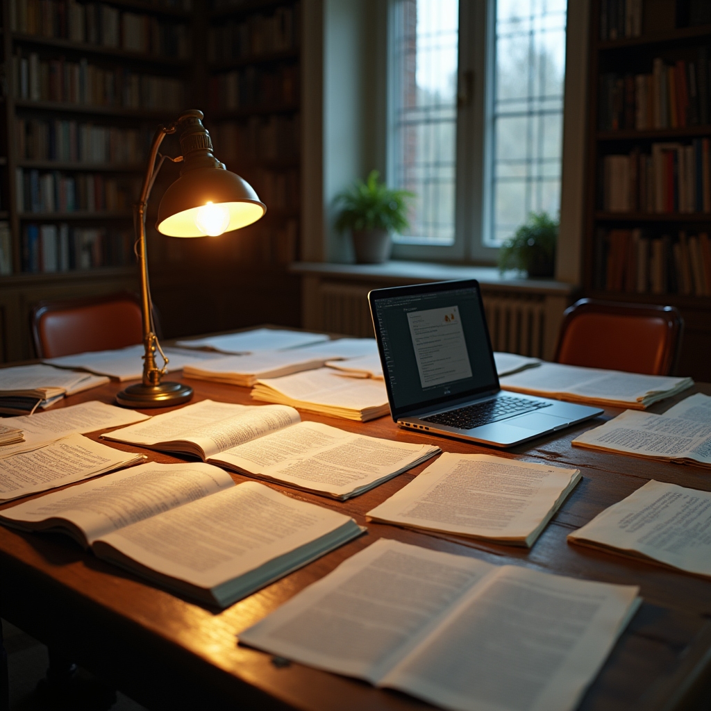 Wide shot of an academic research desk with multiple open books, printed articles, and a laptop showing email headers, warm reading lamp, no commercial materials visible