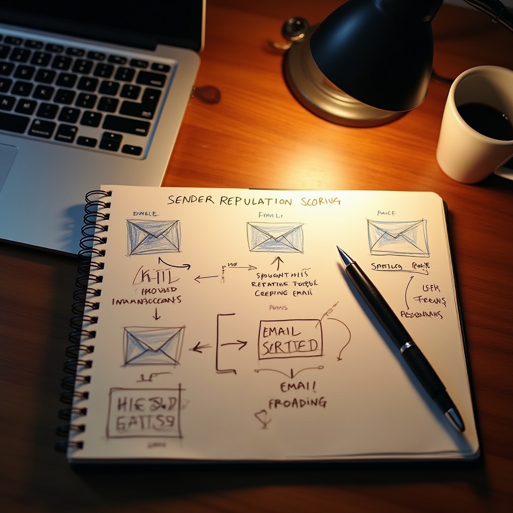 Overhead shot of a notebook with hand-drawn reputation scoring diagram, pen resting beside it, warm desk lamp illuminating the page in a quiet study room