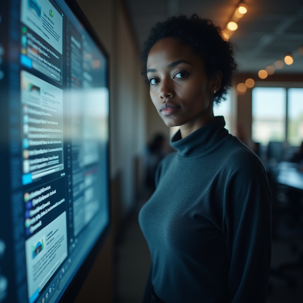 Abstract visualization of email filtering layers shown as translucent screens with data flowing through, cool blue tones in a dark scholarly workspace